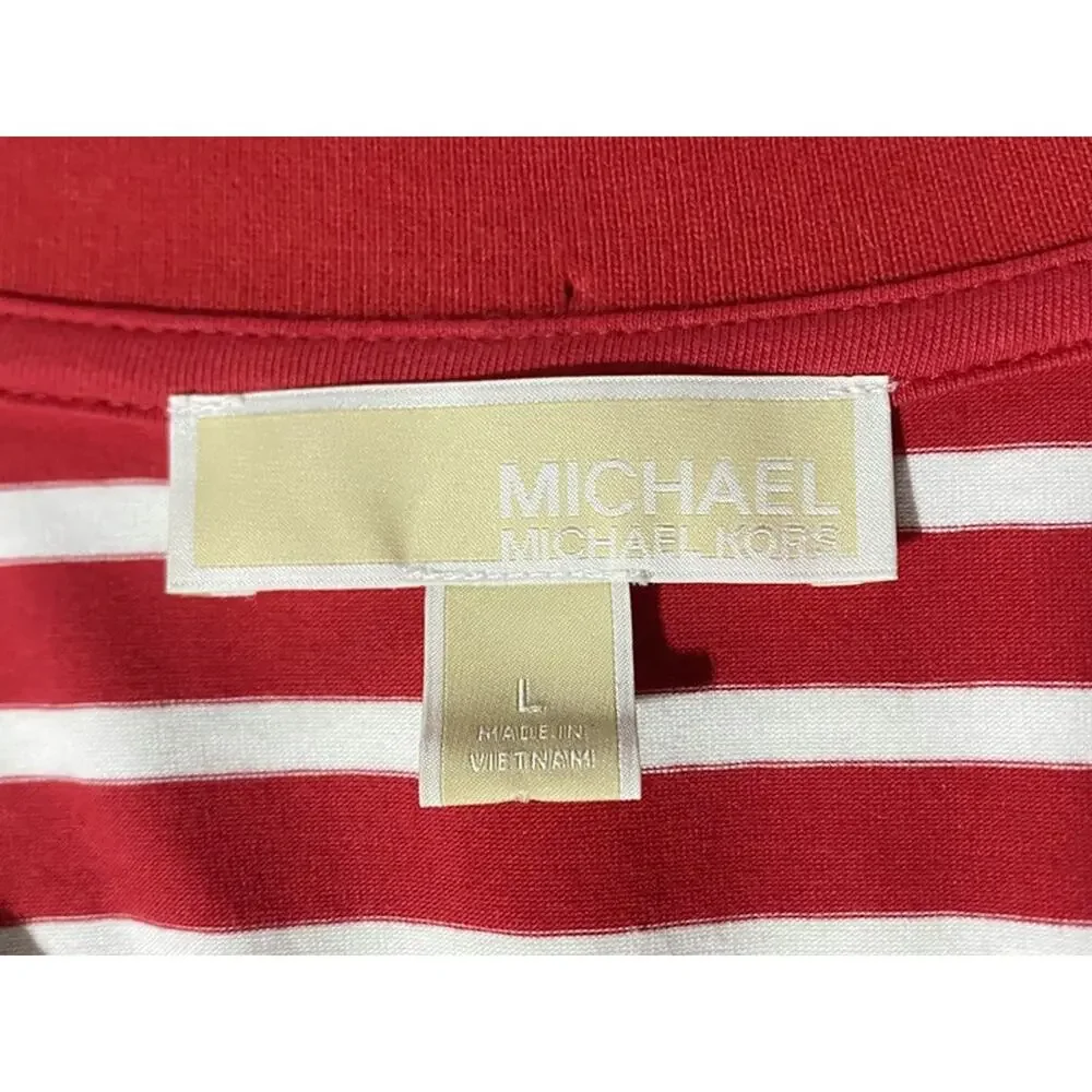 Michael Kors Red White Striped Top Women's Large 3/4 Sleeve Zip Front Blouse